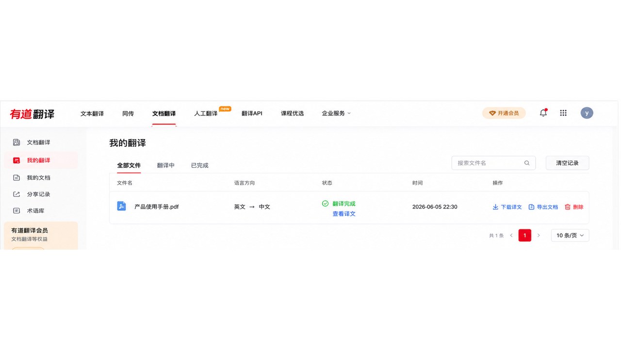 有道翻译文档翻译任务完成界面，查看译文并下载翻译结果