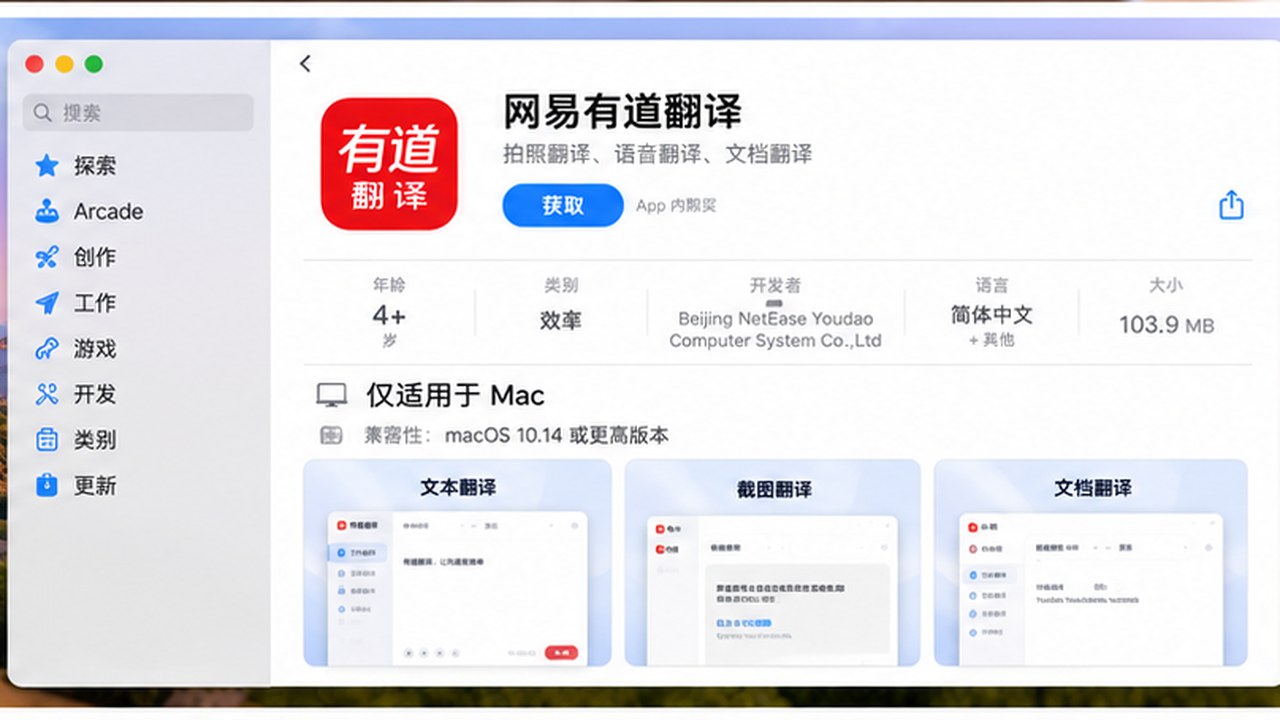Mac App Store中网易有道翻译的应用名称、开发者、兼容性与获取区域