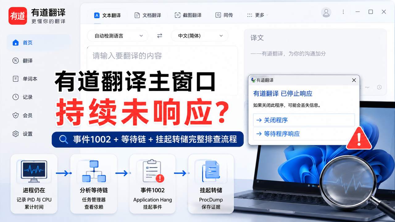 Windows 11有道翻译主窗口未响应：事件1002与等待链排查