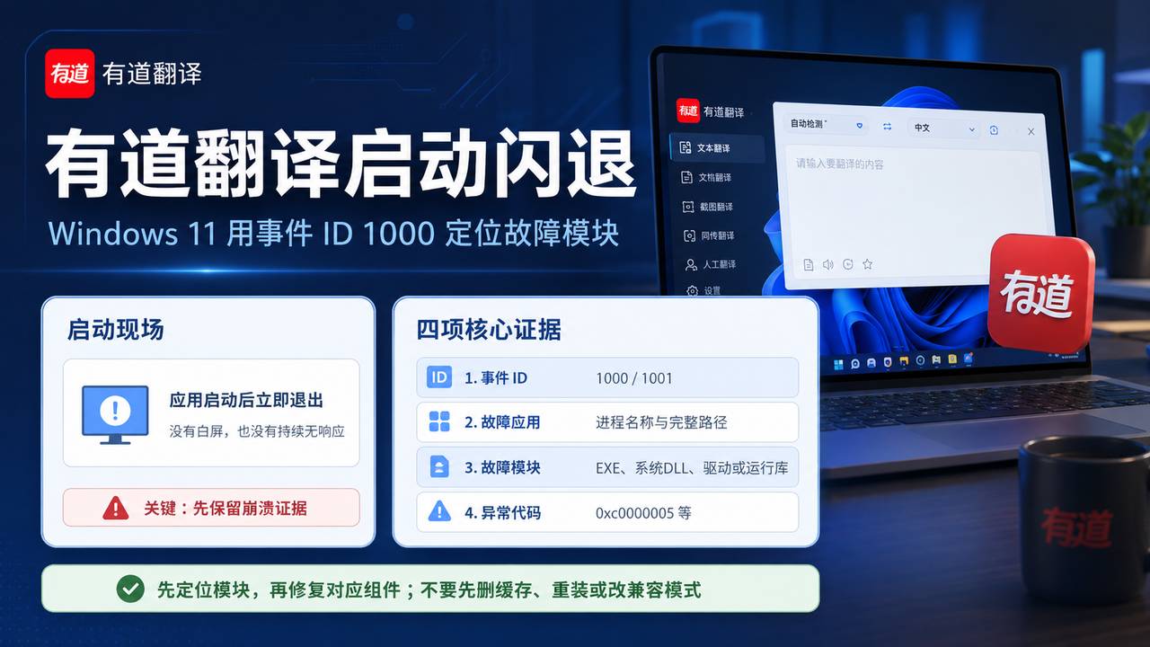 Windows 11有道翻译启动闪退：事件ID 1000与故障模块排查