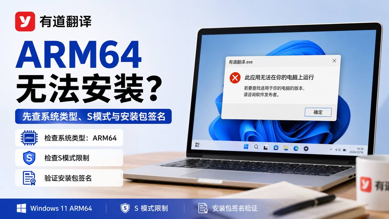 Windows 11 ARM64安装有道翻译提示“此应用无法在你的电脑上运行”：先查S模式与安装包签名