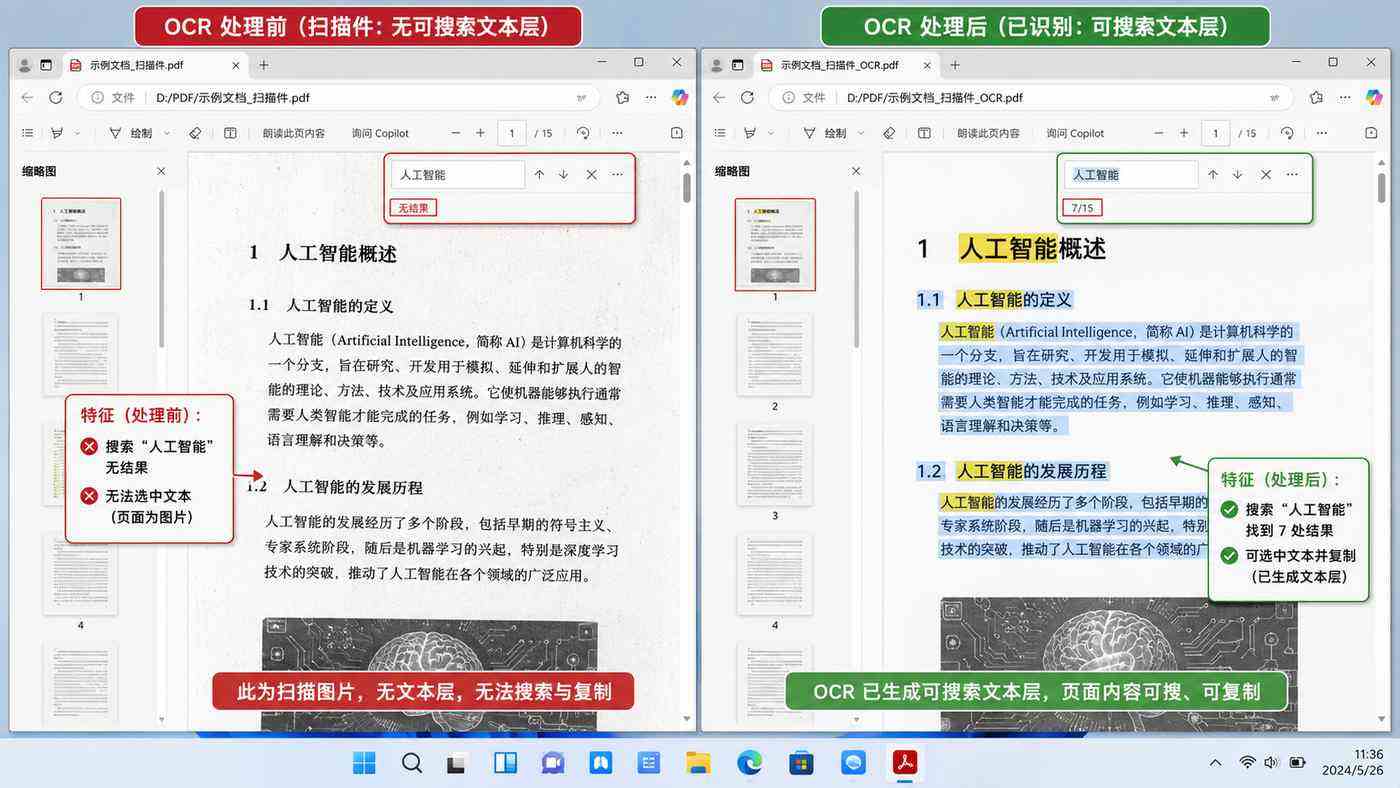 有道翻译下载后扫描型PDF OCR处理前后文字层对比图