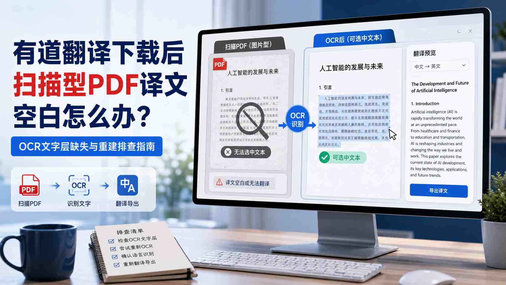 有道翻译下载后处理扫描型PDF译文空白：OCR文字层缺失与重建排查