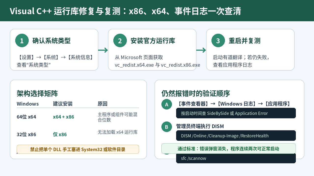 有道翻译DLL缺失的x86与x64运行库修复和事件日志验证流程