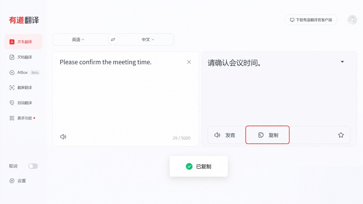 有道翻译结果区域的复制译文按钮
