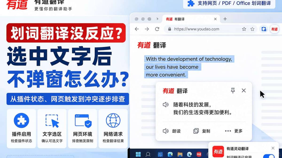 有道翻译划词翻译没反应怎么办？插件、快捷键与网页冲突逐项排查