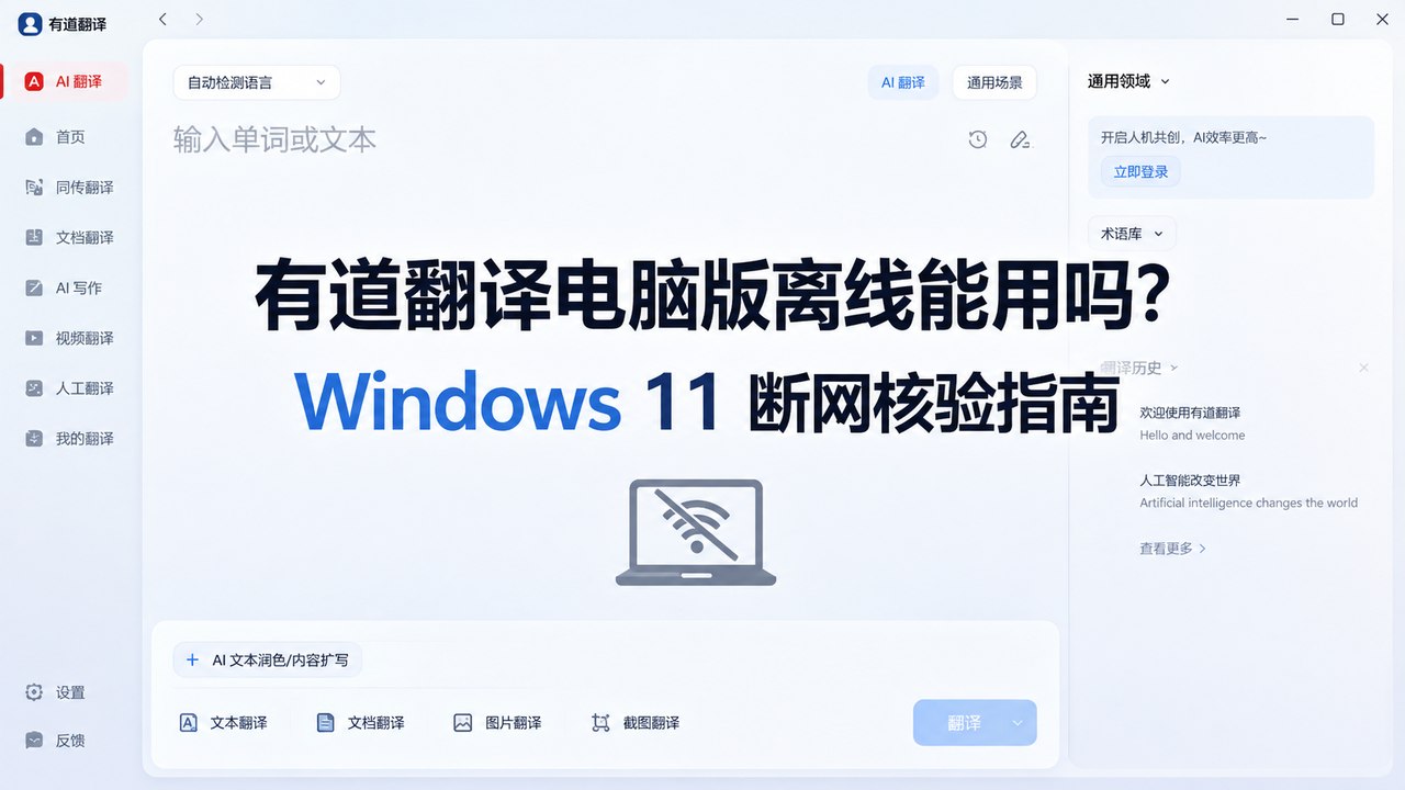 有道翻译电脑版离线能用吗？Windows 11离线功能核验与断网实测